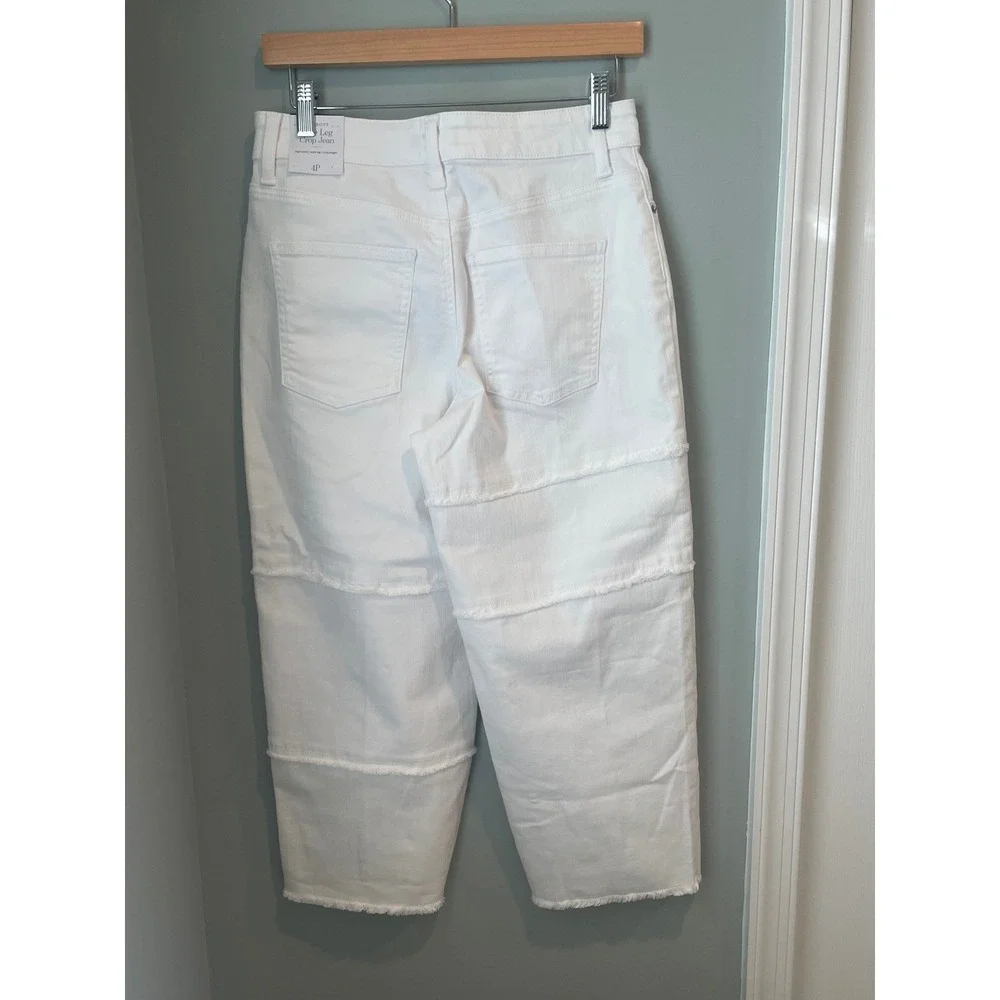 Talbots White Wide Leg Crop Jeans High Waist Embroidered Raw Hem 4P NEW‎